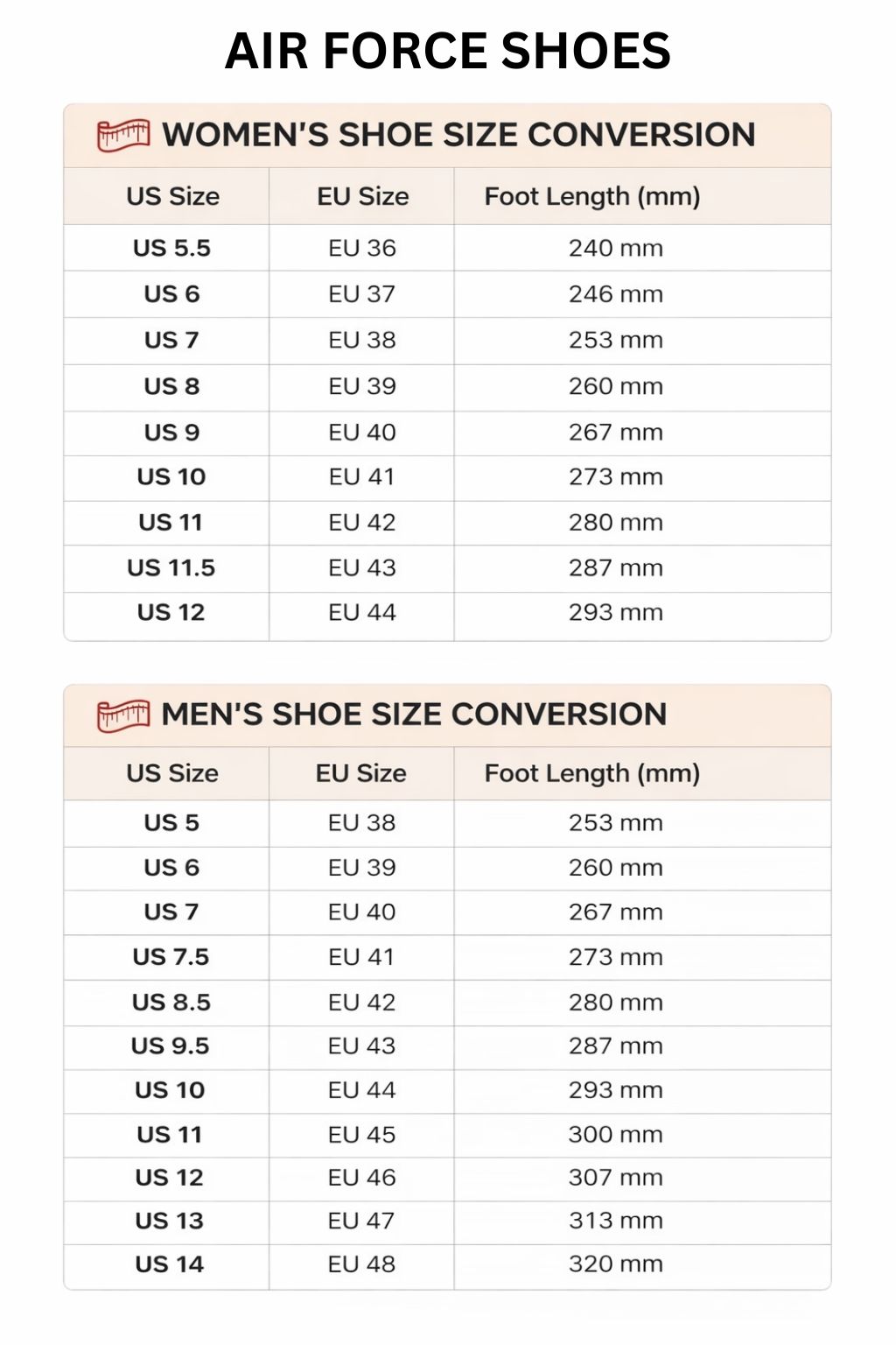 Air Force Shoes Size Chart - Dr. Stone Shop
