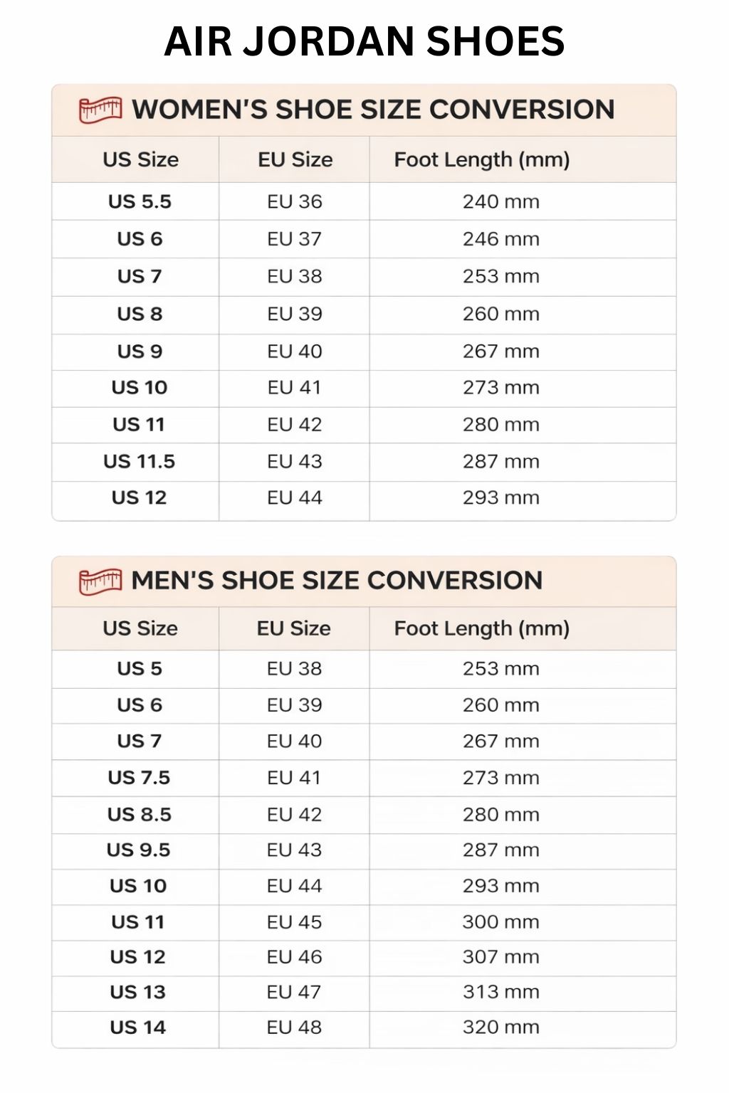 Air Jordan High Low Top Shoes Size Chart - Dr. Stone Shop